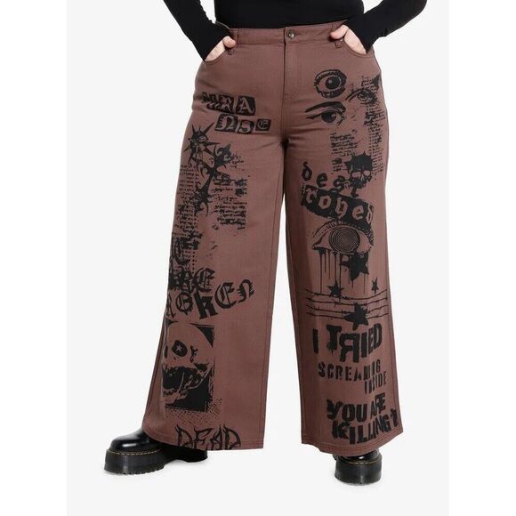 Hot Topic Denim - Hot Topic Social Collision Jeans 18 Brown Punk Graphics Gothic‎ Grunge Wide Leg